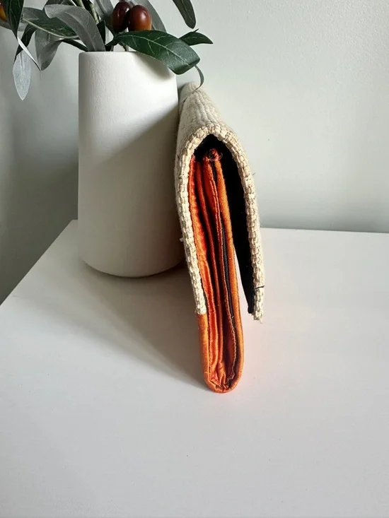 Handmade Vintage Woven Straw Coastal Clutch Orange Silk Boho Beach Resort Bag - Picture 10 of 10